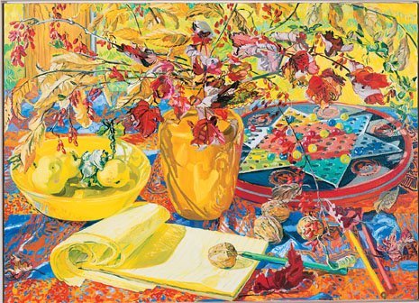 Contemporary Realism Painting bright colors with vase flowers