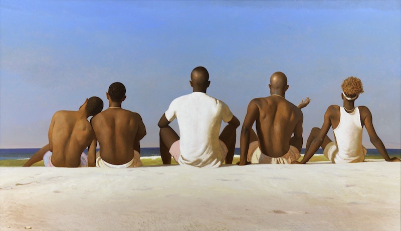 painting of a five males sitting on a beach
